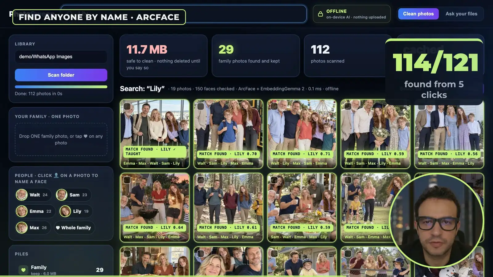 Search Lily: 19 photos, each with MATCH FOUND and a score