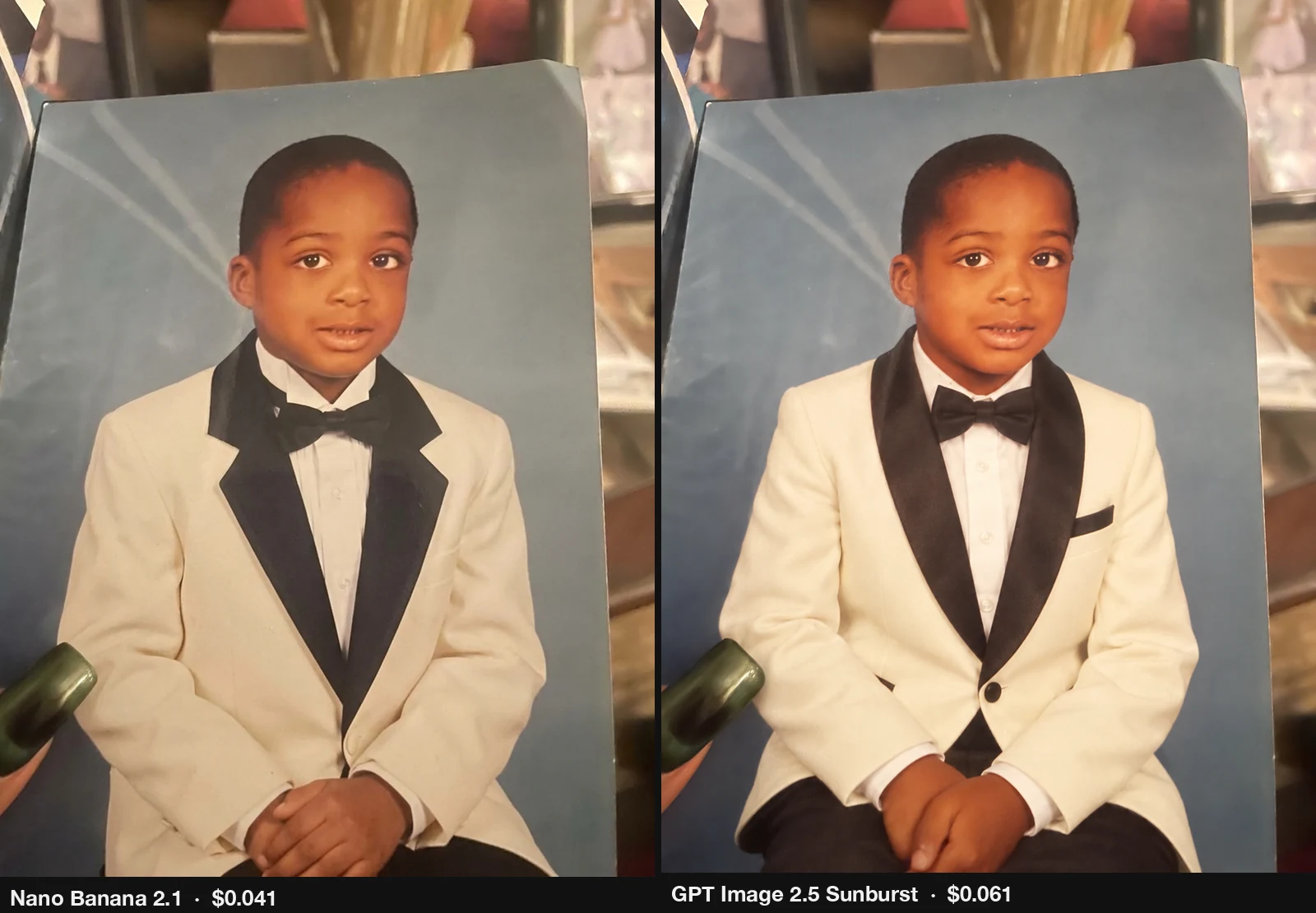 Nano Banana 2.1 vs GPT Image 2.5 Sunburst outfit edit: a cream white tuxedo with black satin lapels and a bow tie on the same photo