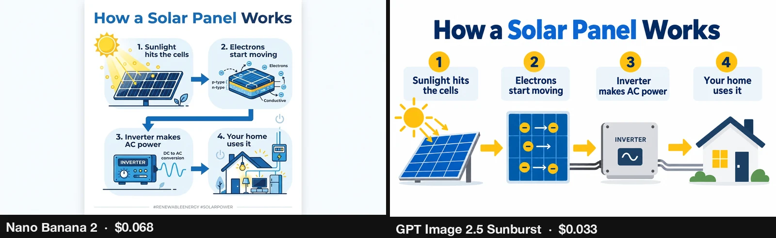 Nano Banana 2 vs GPT Image 2.5 Sunburst How a Solar Panel Works infographic poster with 4 numbered steps