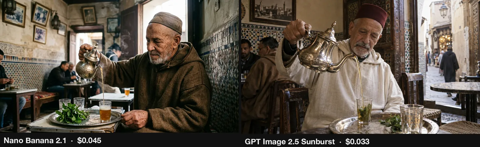 Nano Banana 2.1 vs GPT Image 2.5 Sunburst: elderly man pouring mint tea in a Fes cafe. Nano Banana 2.1 looks like a film photo, GPT Image 2.5 added a red hat