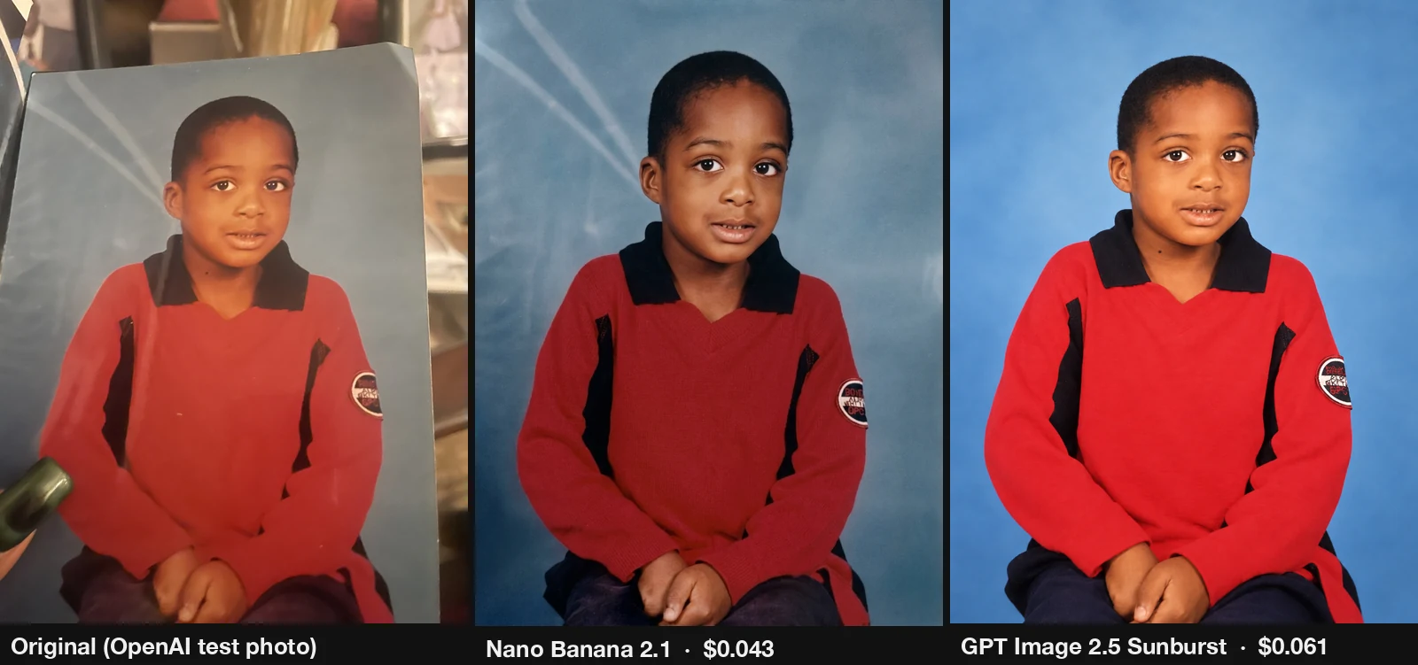 Original OpenAI test photo, Nano Banana 2.1 restoration and GPT Image 2.5 Sunburst restoration of an old printed school portrait