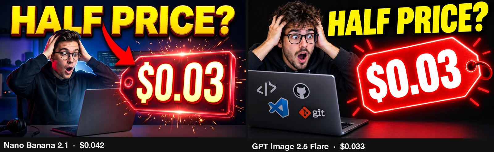 Nano Banana 2.1 vs GPT Image 2.5 Flare YouTube thumbnail with HALF PRICE? text and a $0.03 price tag. Flare added real company logos to the laptop