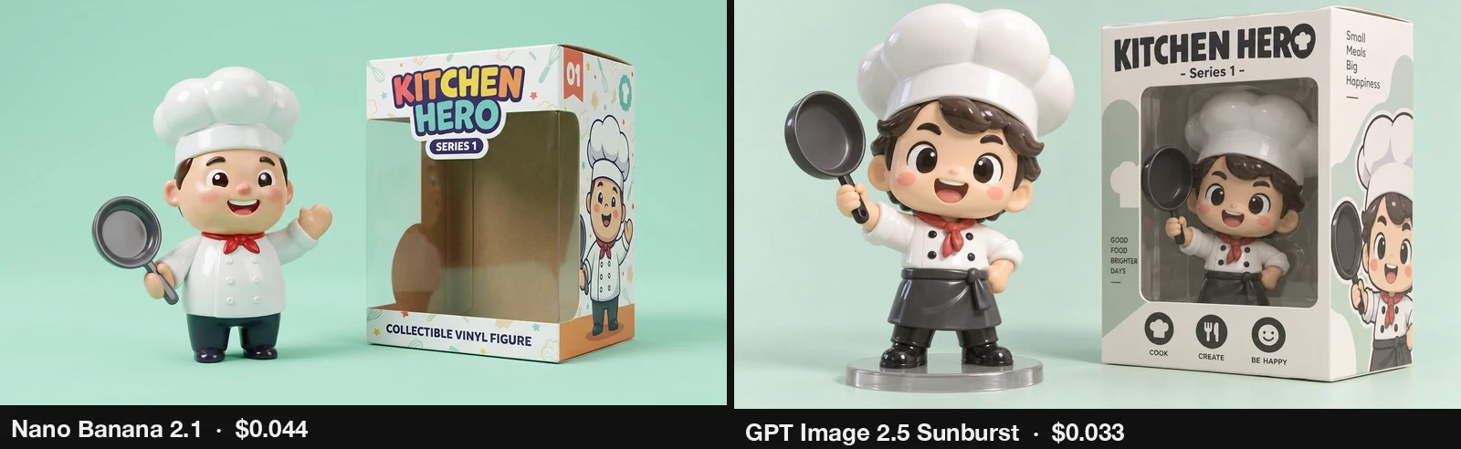 Nano Banana 2.1 vs GPT Image 2.5 Sunburst vinyl chef toy next to a KITCHEN HERO Series 1 box. Nano Banana 2.1 left the box empty, Sunburst put the chef inside