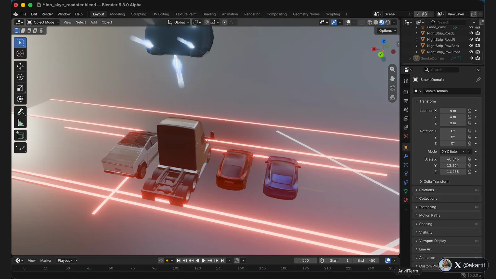 Blender making-of: Ion Skye flying on thrusters over the family row, Cybertruck, Semi, Model 3 and Model Y