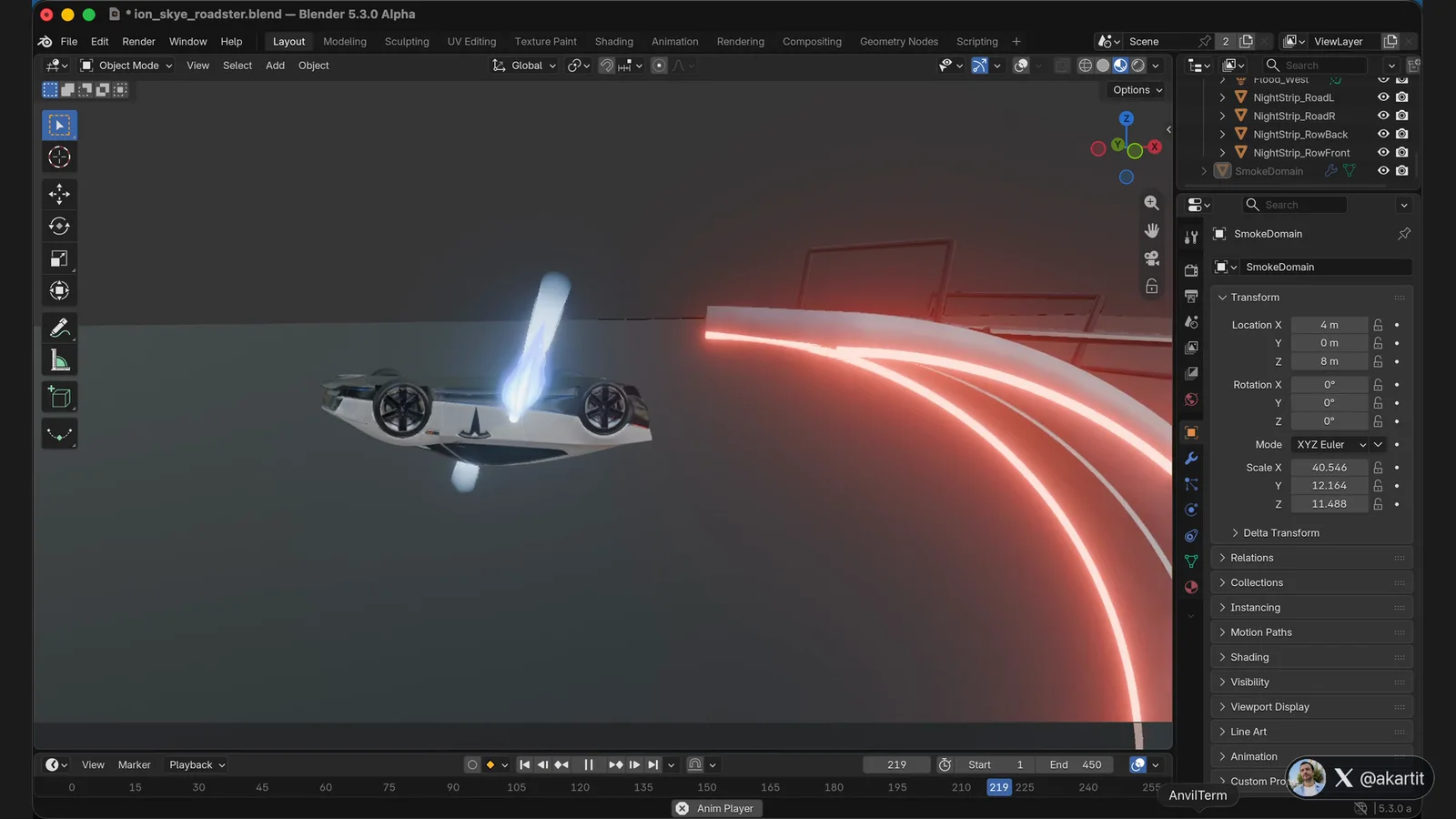Blender making-of: the roadster hanging upside down under the curved wall, a blue thruster firing