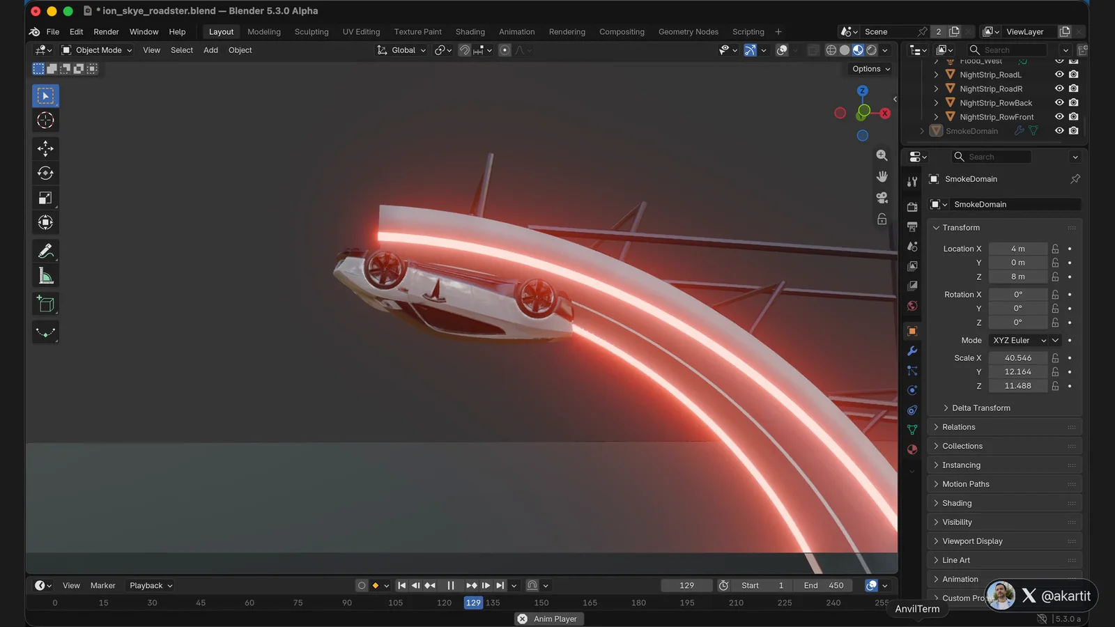Blender making-of: Ion Skye, the white flying roadster character, climbing the giant curved wall with red light strips