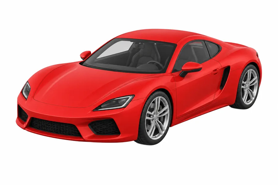 The AI-generated source image: a red sports car in three-quarter view on a white background