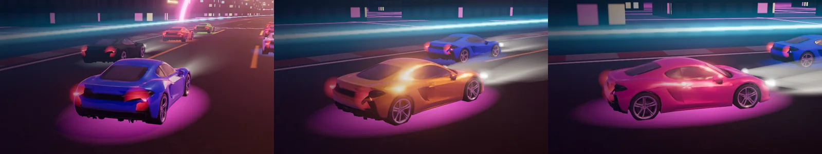 The same AI-generated car repainted electric blue, gold and hot pink in the NEON RUN garage