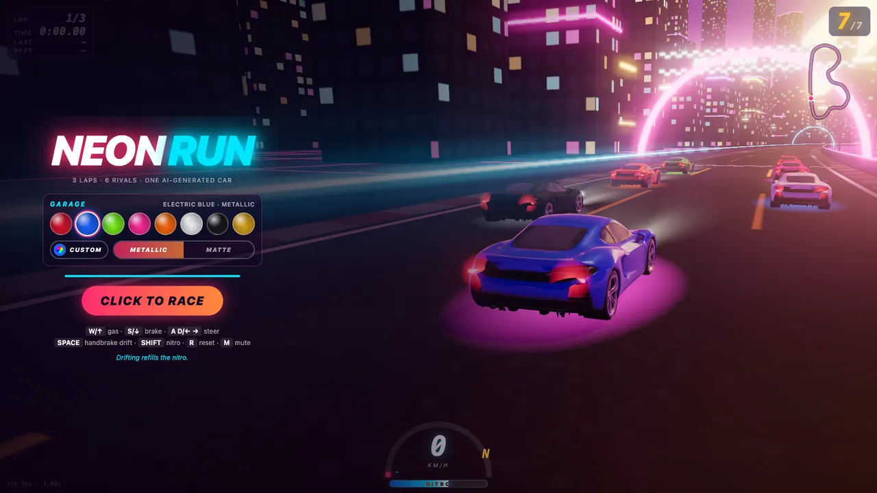 NEON RUN start screen: the garage paint picker next to the AI-generated TRELLIS car painted electric blue