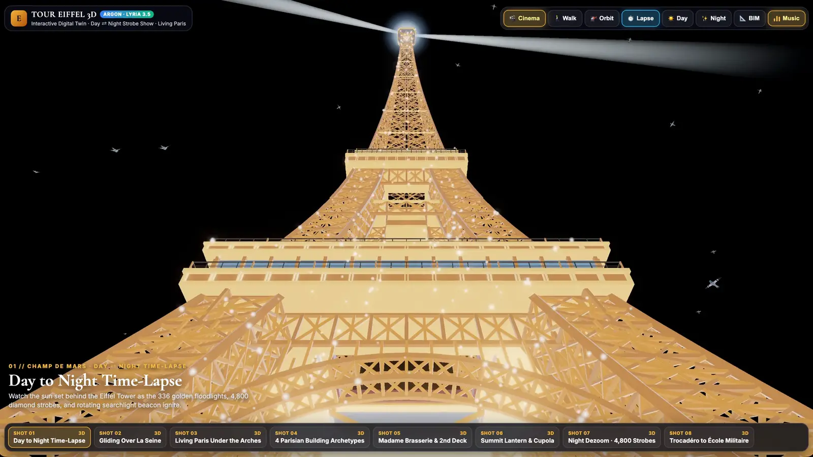 Gemini 4 Argon's 3D Eiffel Tower at night with the searchlight beam