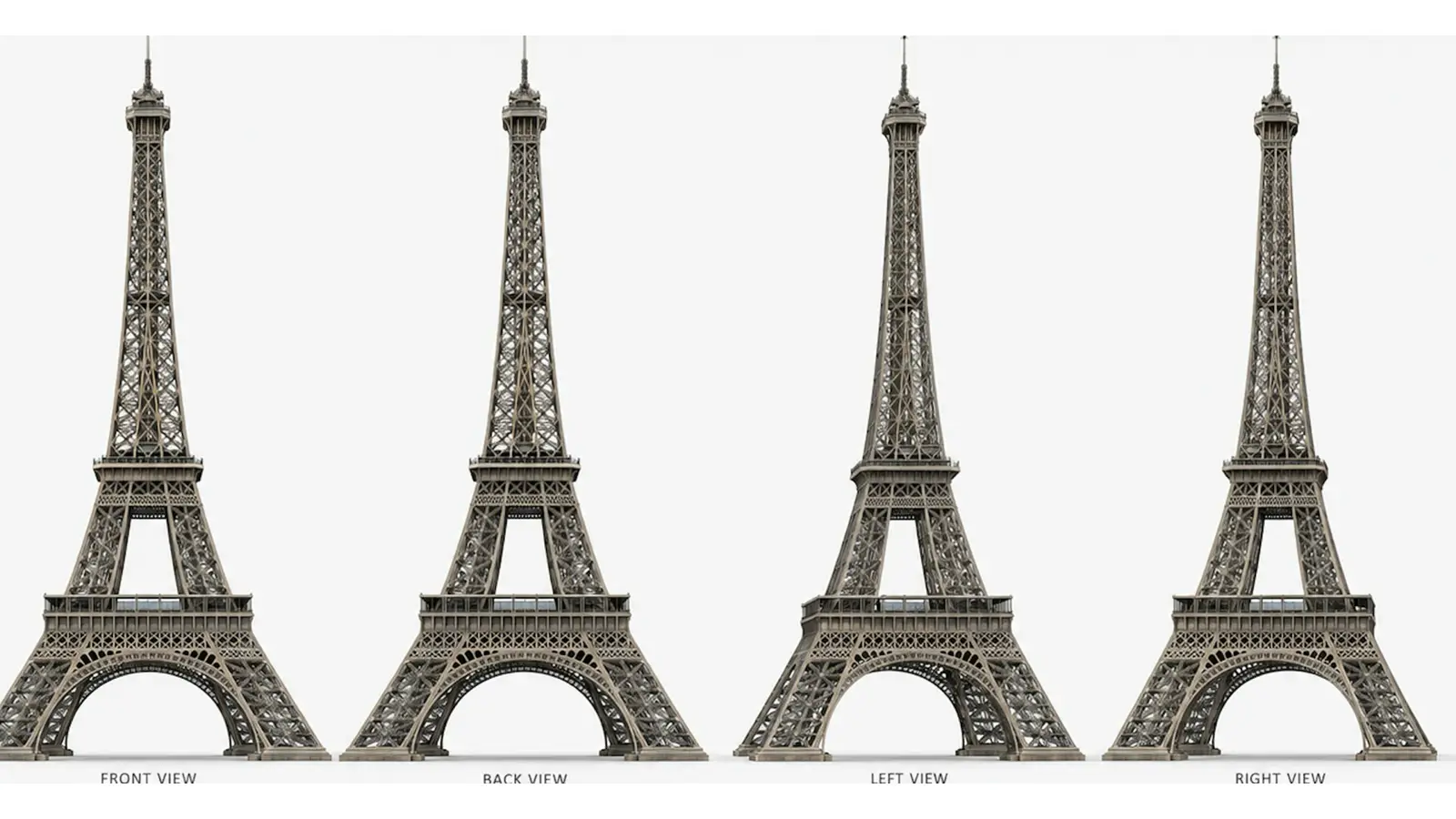 Eiffel Tower reference sheet from four sides, given to Gemini 4 Argon