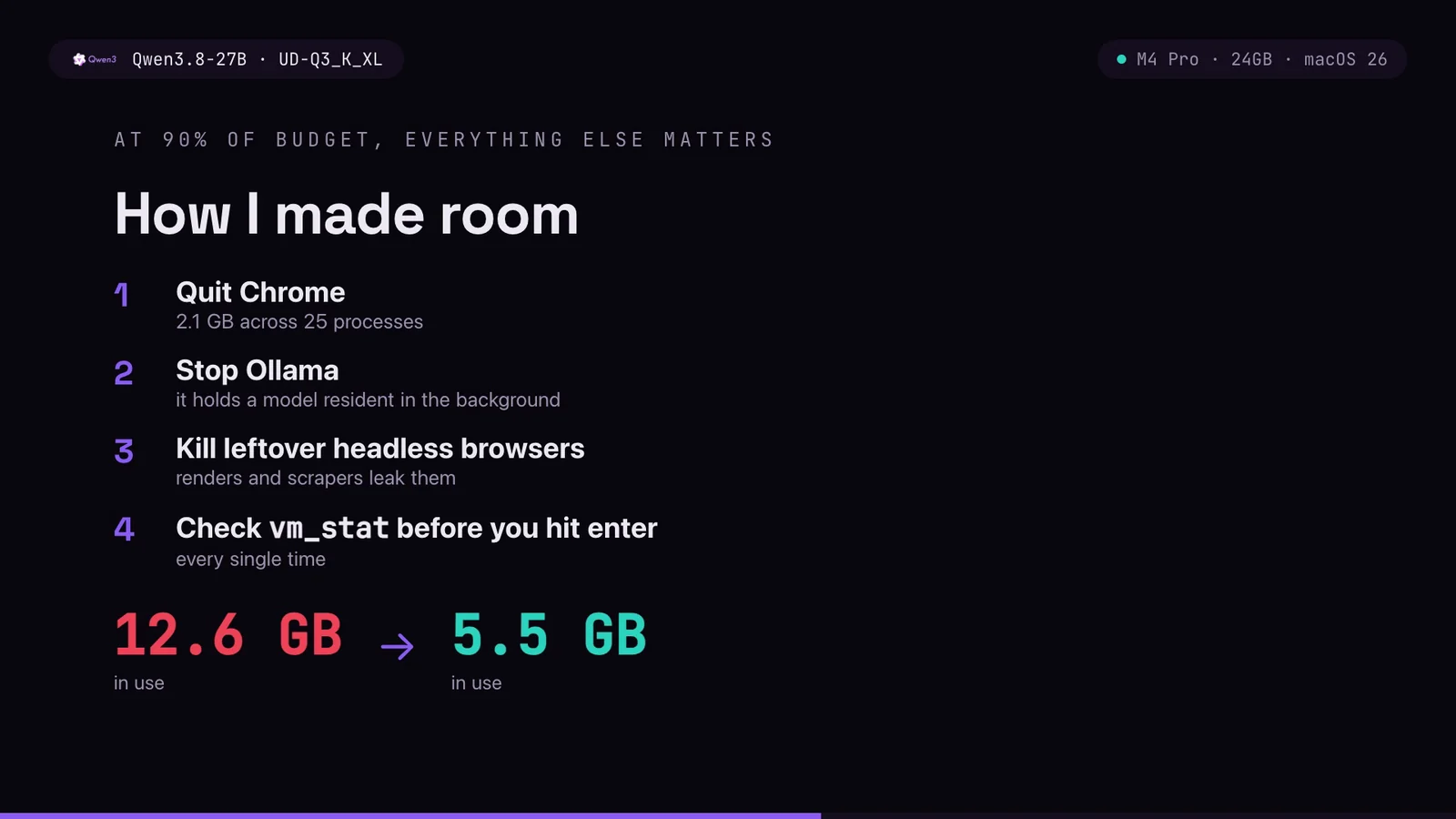 Freeing RAM on macOS from 12.6GB to 5.5GB before loading a local model