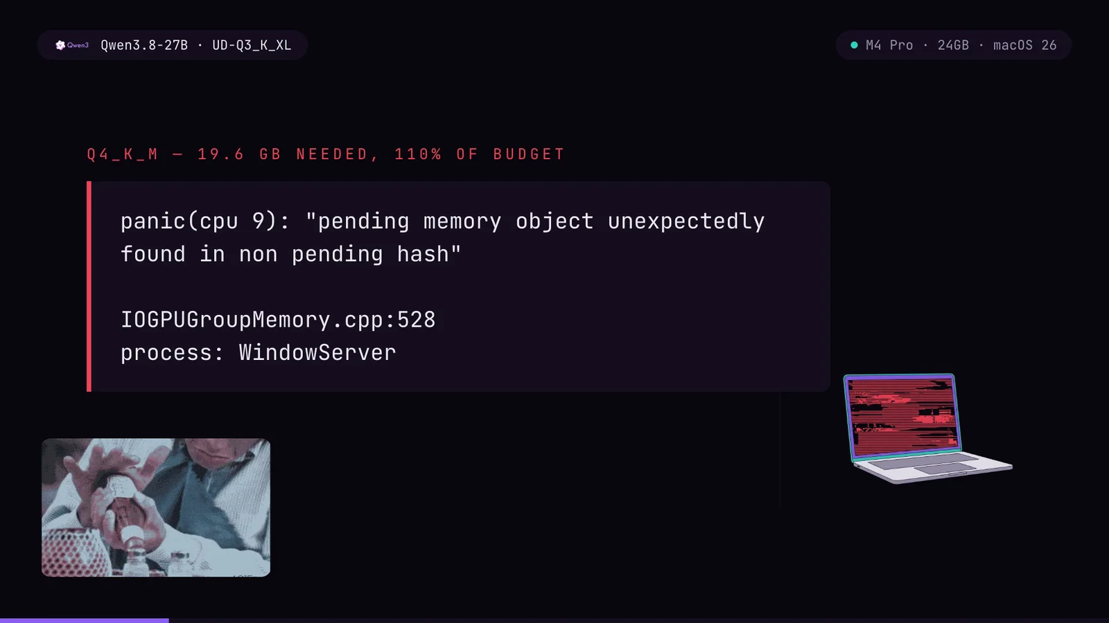 Kernel panic in IOGPUGroupMemory.cpp line 528 with process WindowServer