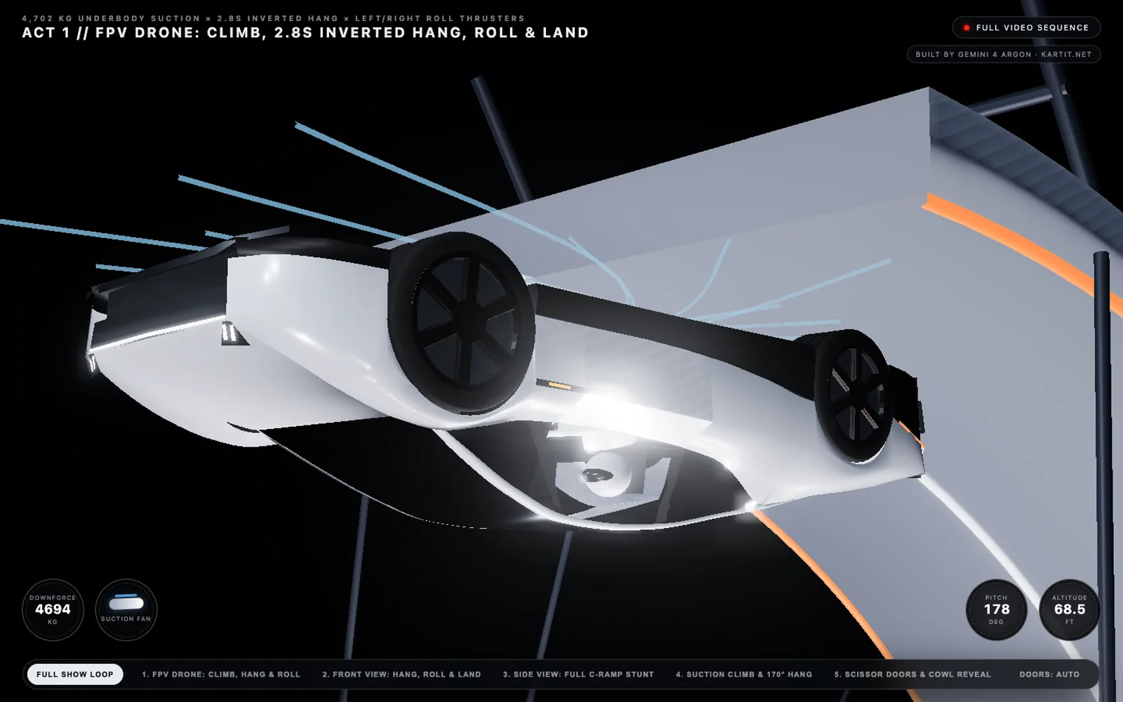 Gemini 4 Argon's three.js launch show: the Roadster hanging upside down under the C-ramp, with downforce and altitude gauges