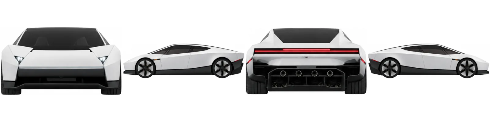 The 4 reference pictures given to Gemini 4 Argon: Tesla Roadster style car from the front, left, rear and right