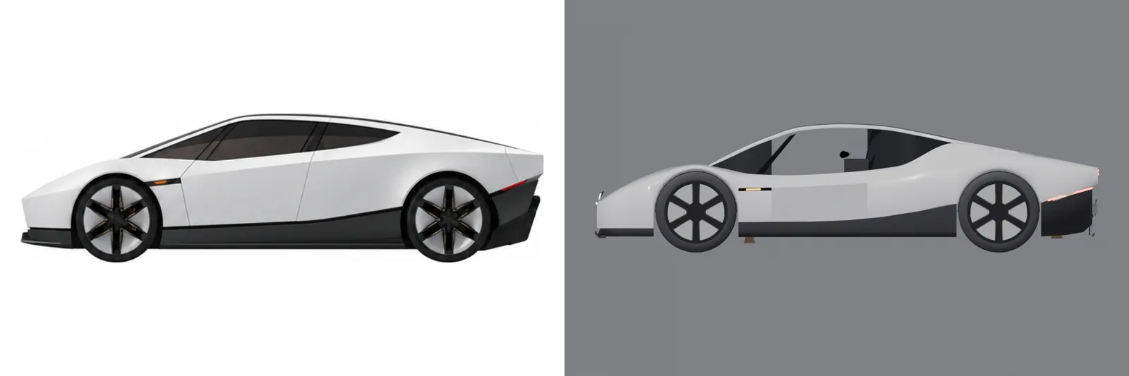Left side: reference picture next to Gemini 4 Argon's Blender Roadster model with 6-spoke wheels