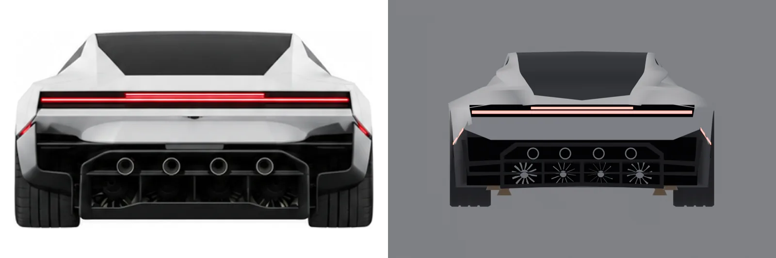 Rear view: reference picture next to Gemini 4 Argon's Blender model with the red rear light bar and diffuser