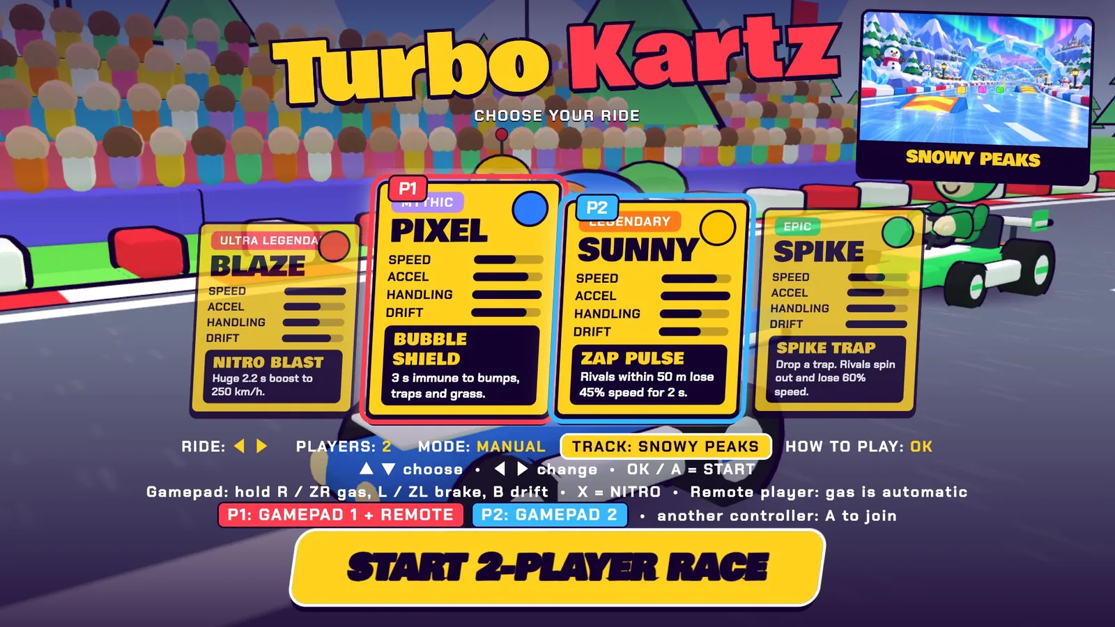 The Turbo Kartz menu: each player picks a ride, then the number of players, the mode and the track