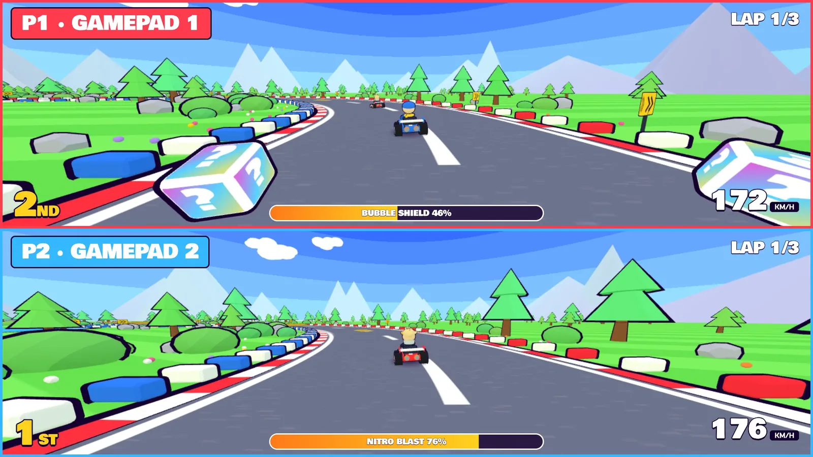 Turbo Kartz in 2-player split screen: P1 gamepad 1 on top, P2 gamepad 2 below