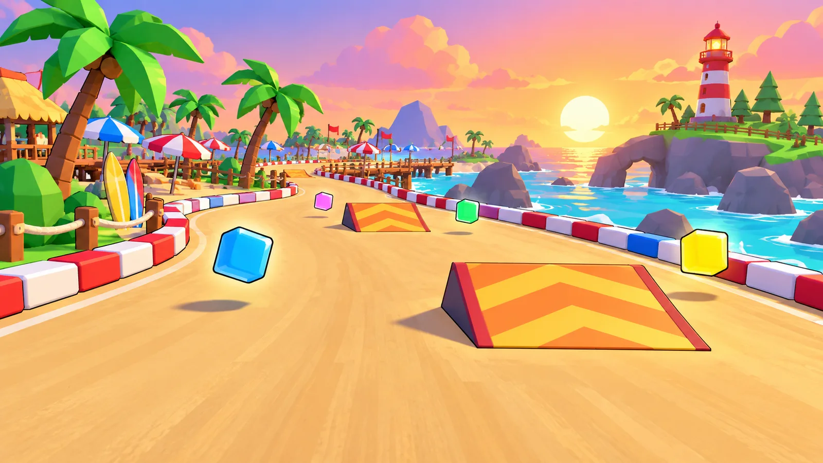 Beach Bay track art: a sandy road along a turquoise sea with palm trees and a lighthouse